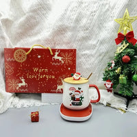 Christmas Gift Set: 55℃ Heated Ceramic Mug with Lid & Spoon - Santa Claus Design for Office or Home, Optional Portable Warmer