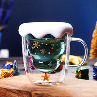 Christmas Tree Double Wall Glass Cup - Insulated Coffee & Milk Mug with Handle, Holiday Creative Glass with Christmas Tree Star