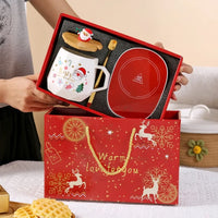 Christmas Gift Set: 55℃ Heated Ceramic Mug with Lid & Spoon - Santa Claus Design for Office or Home, Optional Portable Warmer