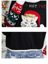 Women’s Ugly Christmas Sweater - Cute Cat Embroidery, Loose Fit Pullover for Autumn & Winter