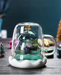 Christmas Tree Double Wall Glass Cup - Insulated Coffee & Milk Mug with Handle, Holiday Creative Glass with Christmas Tree Star