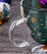 Christmas Tree Double Wall Glass Cup - Insulated Coffee & Milk Mug with Handle, Holiday Creative Glass with Christmas Tree Star