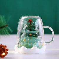 Christmas Tree Double Wall Glass Cup - Insulated Coffee & Milk Mug with Handle, Holiday Creative Glass with Christmas Tree Star