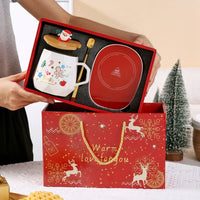 Christmas Gift Set: 55℃ Heated Ceramic Mug with Lid & Spoon - Santa Claus Design for Office or Home, Optional Portable Warmer