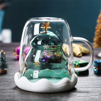 Christmas Tree Double Wall Glass Cup - Insulated Coffee & Milk Mug with Handle, Holiday Creative Glass with Christmas Tree Star