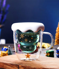 Christmas Tree Double Wall Glass Cup - Insulated Coffee & Milk Mug with Handle, Holiday Creative Glass with Christmas Tree Star