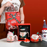 Christmas Gift Set: 55℃ Heated Ceramic Mug with Lid & Spoon - Santa Claus Design for Office or Home, Optional Portable Warmer