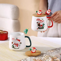 Christmas Gift Set: 55℃ Heated Ceramic Mug with Lid & Spoon - Santa Claus Design for Office or Home, Optional Portable Warmer