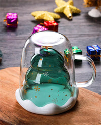 Christmas Tree Double Wall Glass Cup - Insulated Coffee & Milk Mug with Handle, Holiday Creative Glass with Christmas Tree Star