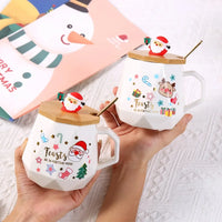 Christmas Gift Set: 55℃ Heated Ceramic Mug with Lid & Spoon - Santa Claus Design for Office or Home, Optional Portable Warmer